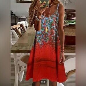 NWOT Floral Print Spaghetti Dress, Vacation Dress. Size 14 Red